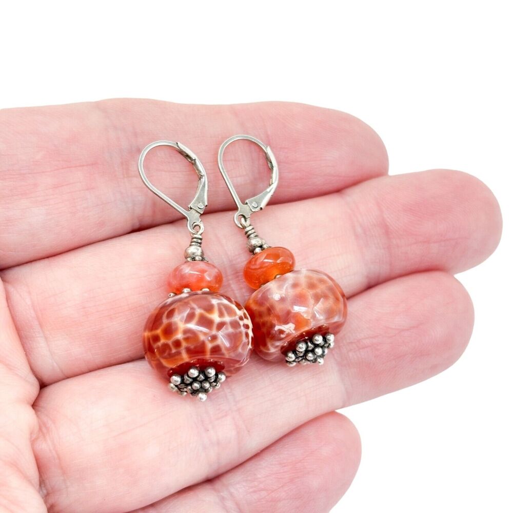 Vintage Sterling Silver 925 Red and Orange Glass Beaded Dangle Earrings